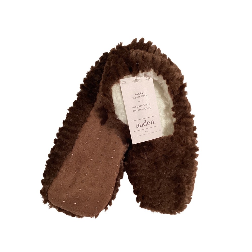 Faux Fur Slipperโ Socks Auden Brown Fuzzy Cozy Gripper Bottoms Women's